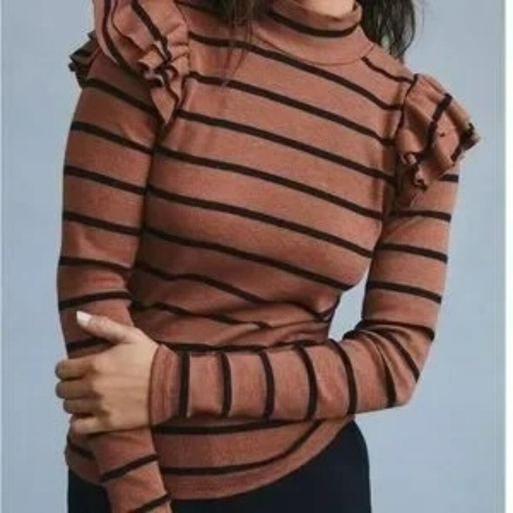 Striped Ruffle Shoulder Sweater — Brown - Picture 2 of 2